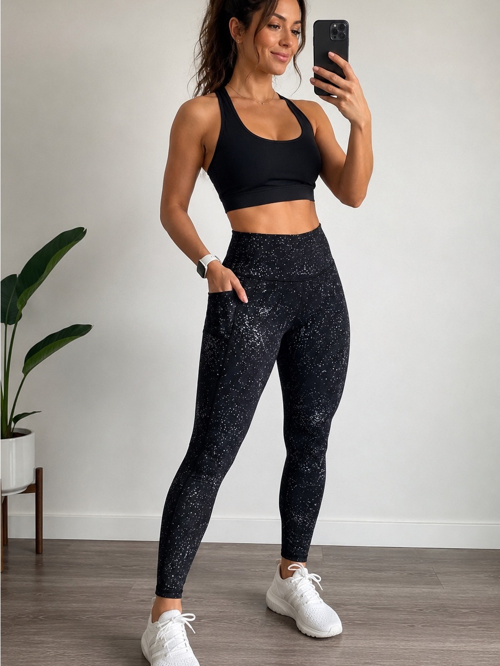 Zyia Active Black Splatter Print High Rise Pocket Leggings Women’s 8/10